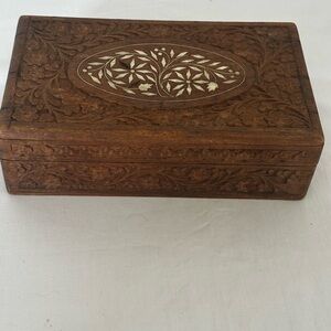 Vintage Hand-Carved Wooden Jewelry Box w/ Bone Inlay & Blue Velvet Lining